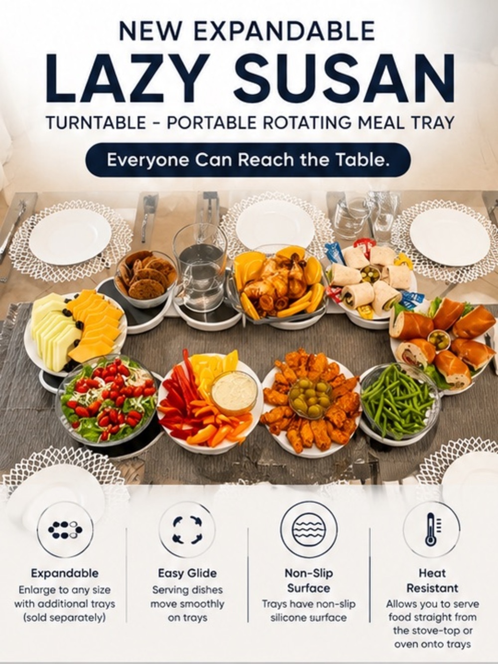 NEW Expandable Lazy Susan Turntable - Portable Rotating Meal Tray